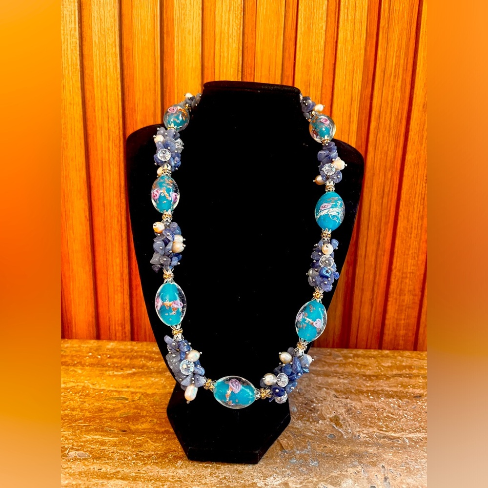 Vintage Oversized Blue Murano Art Glass And Gemstones Bead Necklace Chunky